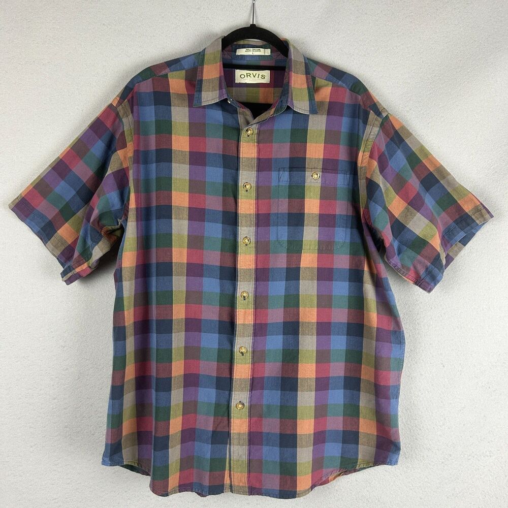 Orvis Mens L Vintage Multicolor Madras Plaid Short Sleeve Button Down Shirt 90s
